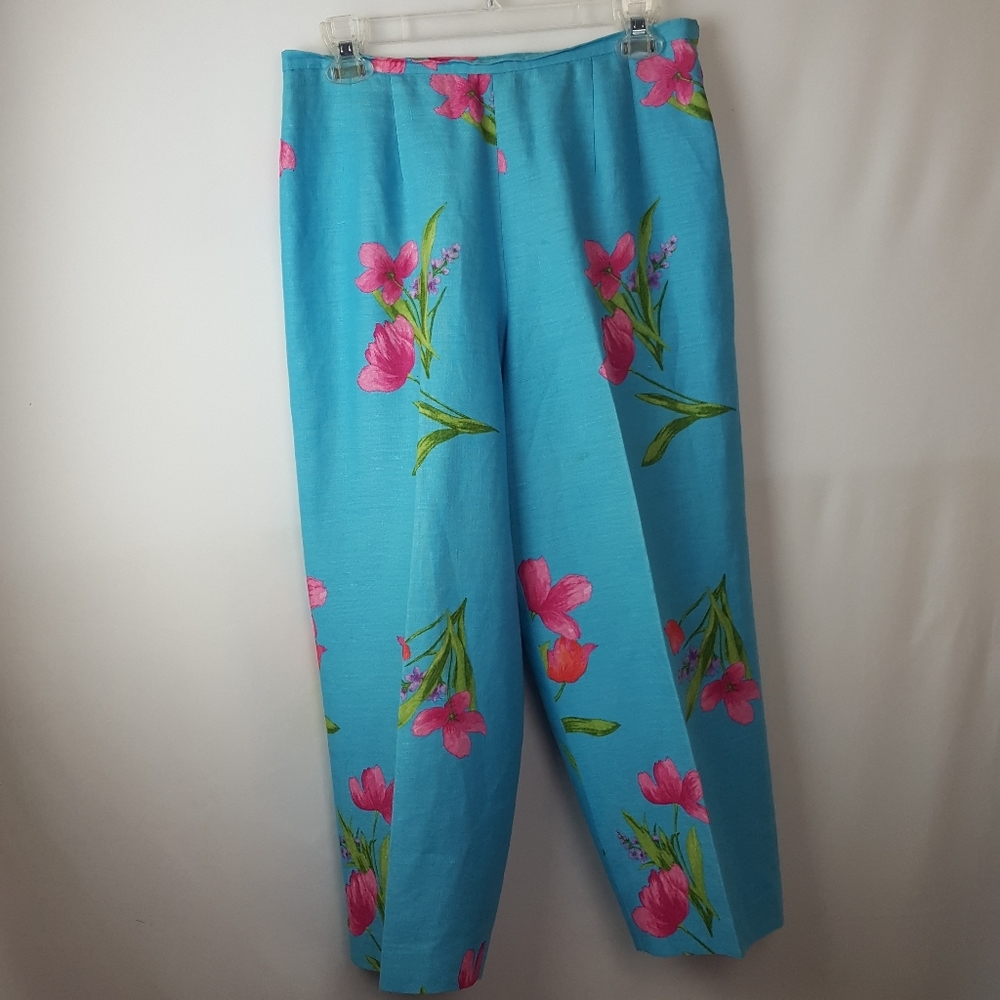 Talbots Linen tropical print pants Blue Floral